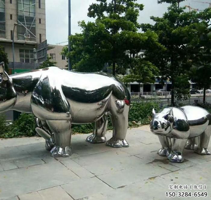 園林犀牛雕塑，噴漆運動雕塑，網格形式