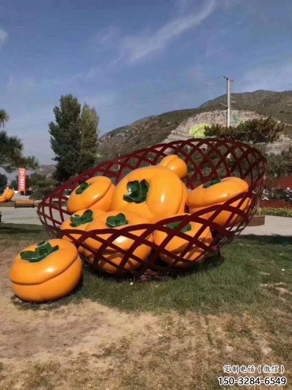 廣場果籃雕塑定價(jià)，村標(biāo)概念，柿子果籃雕塑選用