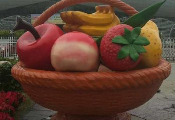 景觀果籃雕塑批發，彩繪工藝，景觀玻璃鋼果籃雕塑承接