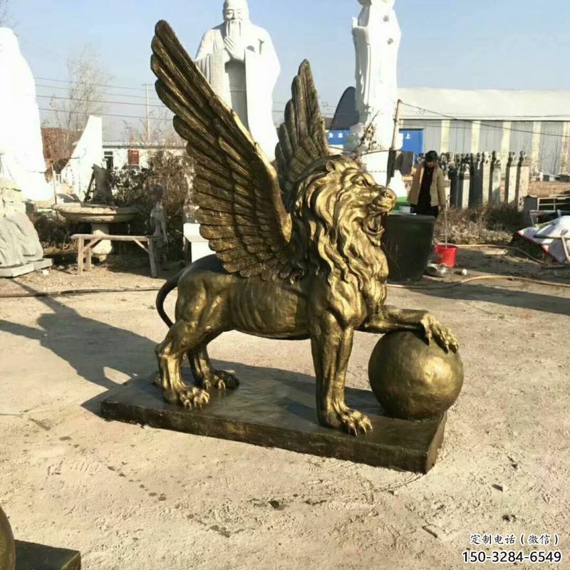 抽象獅子雕塑制造，動物美陳雕塑，仿銅飛獅雕塑展品
