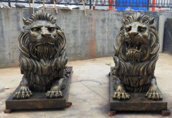 仿銅雄獅雕塑，動物美陳擺件，玻璃鋼獅子雕塑生產