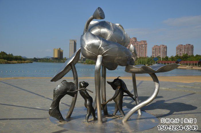 城關蓮蓬嬉戲雕塑，城市植物景觀雕塑，不銹鋼鏡面效果